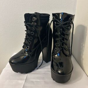 Black Platform Lace-Up Ankle Boots Chunk Heel Boots